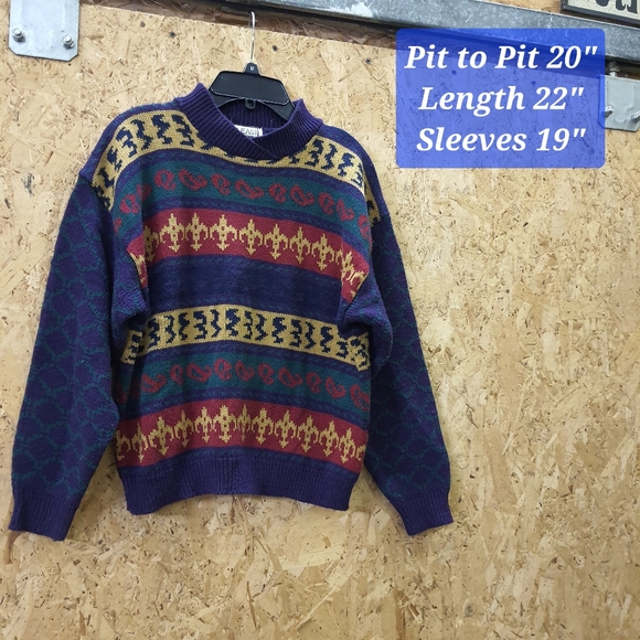 Vintage 63 East Medium Striped Fluer de Lis Mock V Neck Knit Pull Over Sweater - Picture 1 of 3